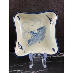 Vintage Delft Blue Ceramic Diamond Shaped 4in Trinket Dish Ashtray Windmill